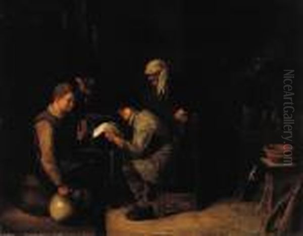 A Young Boy Reading A Letter To A Boor Seated On A Barrel In An Inn - view 1