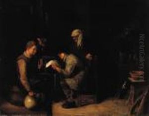 A Young Boy Reading A Letter To A Boor Seated On A Barrel In An Inn