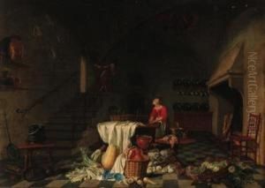 A Kitchen With A Maid Preparing
Meat At A Table, A Man On Astaircase Beyond, With Baskets, Vegetables
And Meat In Theforeground by Hendrick Maertensz. Sorch (see Sorgh)