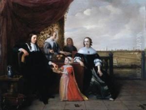 Portrait Of A Family Seated At A Table, On A Terrace, A Landscapebeyond