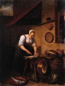 A Maid Standing By A Table 
Cleaning Fish, Pots, Pans And Cabbageson A Barrel Nearby, In A Farmyard