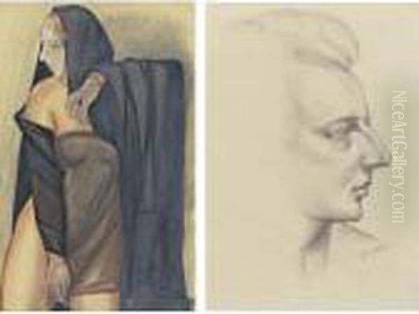 Model In Pink Dress, Woman
Wearing A Mask And Portrait Of Maestro Leopold Stokowski: Three Works On
Paper - view 1