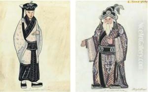 Le Rossignol: The High Priest And The Young Priest A Pair Of Costume Designs by Serge Iurevich Soudeikine