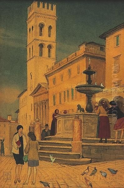 "fountain At Assisi", Ladies Conversing In The Square - view 1