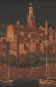 "menton", Boats On The River With The Church Spire And Town As The Backdrop by Joseph Edward Southall