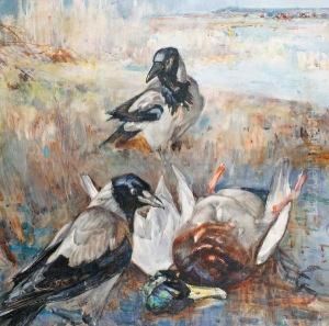 Two Crows And A Fallen Mallard