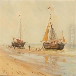 Coastal Scene Withtwo Sailing Ships On The Beach, Presumably On Fano Island by Carl Martin Soya-Jensen