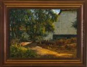 A Farm Exterior With Hens. Signed Soya J 05 by Carl Martin Soya-Jensen