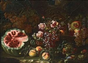 Nature Morte Aux Raisins, Fleurs Et Pasteques Dans Un Paysage. by Bartolomeo Castelli Spadino
