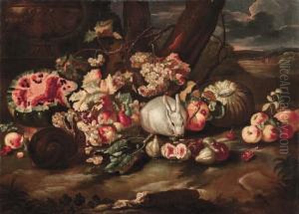 Natura Morta Di Frutta Su Sfondo Di Paesaggio Olio Su Tela - view 1