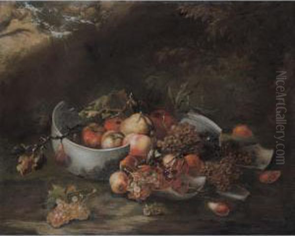 Still Life With A Broken Bowl 
Together With Apples, Grapes, Peaches, Pears And Various Other Fruit, In
 A Landscape - view 1