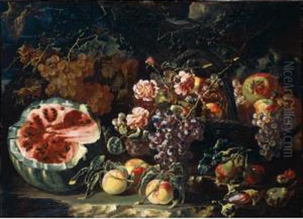 Still Life Of Watermelon, Plums,
 Peaches And Grapes, Together With A Basket Of Grapes And Pomegranates, 
All In A Landscape - view 1