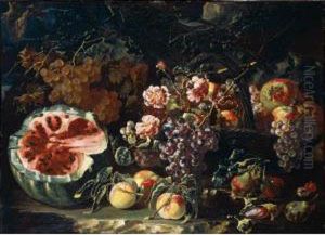 Still Life Of Watermelon, Plums,
Peaches And Grapes, Together With A Basket Of Grapes And Pomegranates,
All In A Landscape by Bartolomeo Castelli Spadino