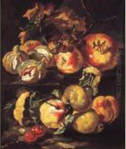 Nature Morte Aux Pommes, Grenade Figues Et Raisins Sur Un Entablement