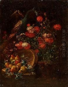A Peacock Amid Carnations And 
Convolvulus Above An Upturned Basket Of Pears On A Stone Ledge