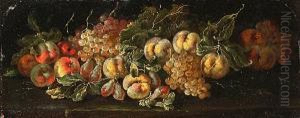 Peaches, Apples, Pears And
Grapes On A Stone Ledge; And Grapes, Pears, Apples And A Melon On A
Stone Ledge - view 1