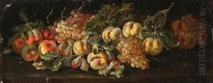 Peaches, Apples, Pears And
Grapes On A Stone Ledge; And Grapes, Pears, Apples And A Melon On A
Stone Ledge by Bartolomeo Castelli Spadino
