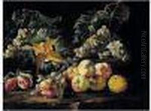 A Still Life Of Peaches, Grapes, Plums, And A Melon In A Landscape by Bartolomeo Castelli Spadino