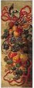 Still Life Of A Garland Of Fruit Suspended By A Red Ribbon by Bartolomeo Castelli Spadino