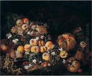 Still Life Of Grapes, Apples And
Plums In A Glass Bowl, Together With Melons, Pomegranates And Cherries
In A Landscape by Bartolomeo Castelli Spadino