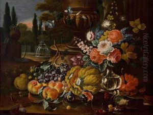 Natura Morta Con Frutta, Fiori E Zucca In Un Giardino