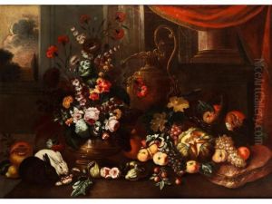 Grosses Blumen- Und Fruchtestilleben Mit Prunkgeschirr by Giovanni Paolo Castelli Spadino