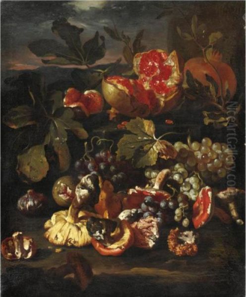 Natura Morta Di Frutta Con Melagrane, Uva, Funghi E Fichi - view 1