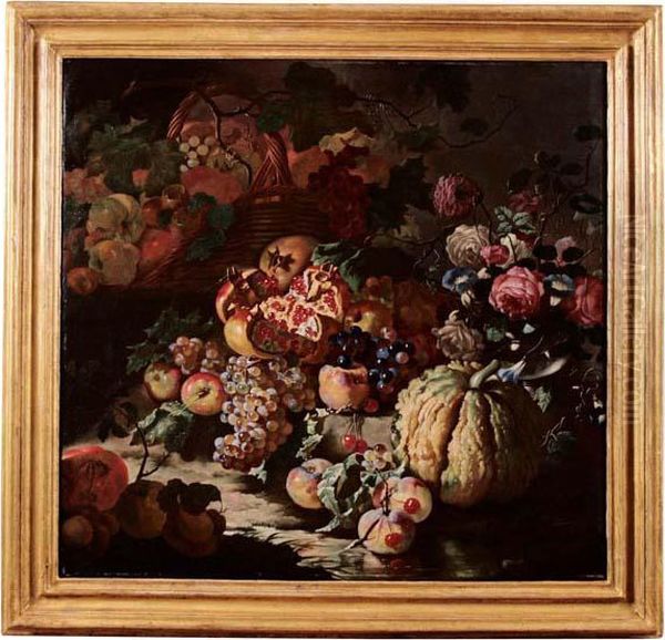 Trionfo Di Frutta Con Melagrane, Una Zucca, Grappoli D'uva E Un Vaso Di Fiori - view 1