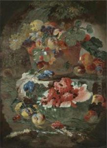 Still Life Of Fruit Including An
 Open Watermelon, Peaches And Plums, Beneath And Glass Bowl Filled With 
More Fruit On The Step Above