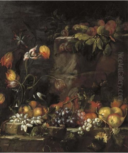 A Glass Vase With Tulips, And Apples, Grapes, Pears And Other Fruit On A Stone Ledge - view 1