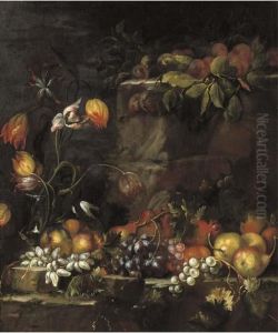 A Glass Vase With Tulips, And Apples, Grapes, Pears And Other Fruit On A Stone Ledge