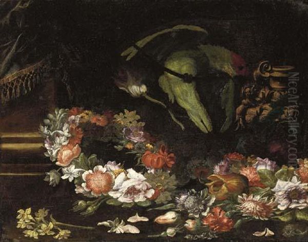 Narcissi, Peonies And Roses In A
Wreath With Other Flowers Strewnon The Floor And A Parrot On A Rope - view 1