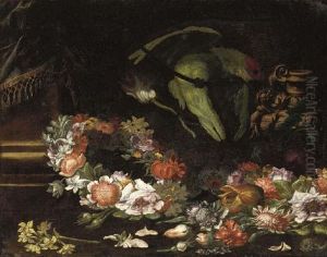 Narcissi, Peonies And Roses In A
 Wreath With Other Flowers Strewnon The Floor And A Parrot On A Rope