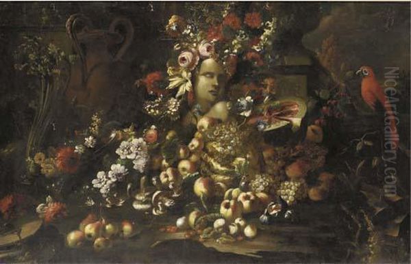 A Marble Bust Surrounded By 
Roses, Carnations, Morning Glory Andother Flowers, A Sliced Watermelon, 
Mushrooms, Grapes, Peaches,figs, Pears And Other Fruit With Urns And A 
Parrot In An Italianatelandscape - view 1