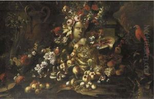 A Marble Bust Surrounded By 
Roses, Carnations, Morning Glory Andother Flowers, A Sliced Watermelon, 
Mushrooms, Grapes, Peaches,figs, Pears And Other Fruit With Urns And A 
Parrot In An Italianatelandscape