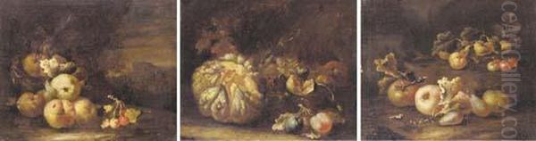 Apples, Plums And Cherries On A
Bank; Watermelon, Plums And Grapes On A Bank; And Apples And Cherries On
A Bank - view 1