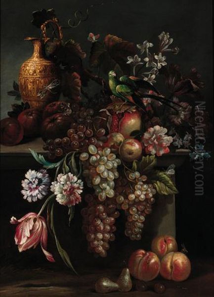 Still Life Of A Pomegranate, Grapes And A Ewer On A Ledge With Aparakeet And Butteflies - view 1