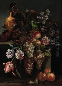 Still Life Of A Pomegranate, Grapes And A Ewer On A Ledge With Aparakeet And Butteflies by Giovanni Paolo Castelli Spadino