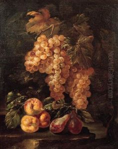 Bunches Of Grapes Hanging From A Vine With Peaches And Plums On Arock