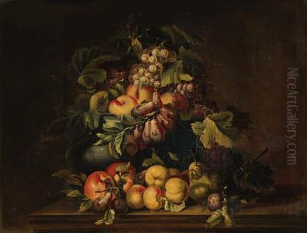 Peaches, Plums, Grapes, Pears
And Limes In An Urn With Other Fruiton A Ledge; And Peaches, Plums And
Grapes In An Urn With Apples Andother Fruit On A Ledge - view 1