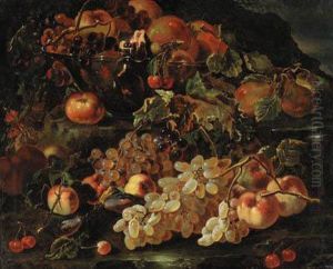 Grapes, Apples And Pomegranates In A Glass Bowl With Other Fruit Ona Rocky Bank by Giovanni Paolo Castelli Spadino