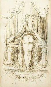Callipyga Mrs Fuseli with her skirts lifted to her waist standing before a dressing table with phallic supports by Johann Henry Fuseli