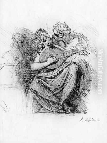 Two lovers, one playing a cithern, with a second girl seated at the keyboard on the left - view 1