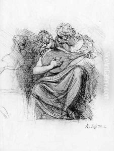 Two lovers, one playing a cithern, with a second girl seated at the keyboard on the left