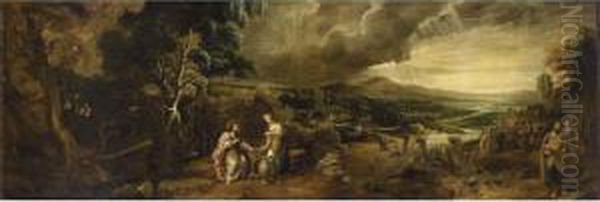 An Extensive Wooded River Landscape With Christ And The Woman Of Samaria - view 1