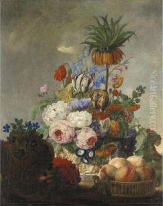 A Still Life With A Crown 
Fritillary, Tulips, Roses And Various Other Flowers In A Vase, Together 
With A Bowl Of Peaches