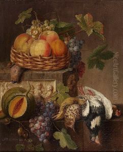 A Basket Of Peaches And Grapes
On A Relief Carved Marble Ledge, With A Melon, Grapes, Dead Songbirds
And Gooseberries On A Ledge Below; And Roses, A Tulip, Morning Glory And
Other Flowers In A Bowl On A Relief Carved Marble Ledge, With Grapes,
Peo by Michel Joseph Speeckaert