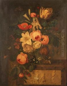 A Parrot Tulip, A Lily, Roses, A
 Poppy, Morning Glory And Other Flowers In An Urn On A Stone Ledge With 
Starlings In A Nest