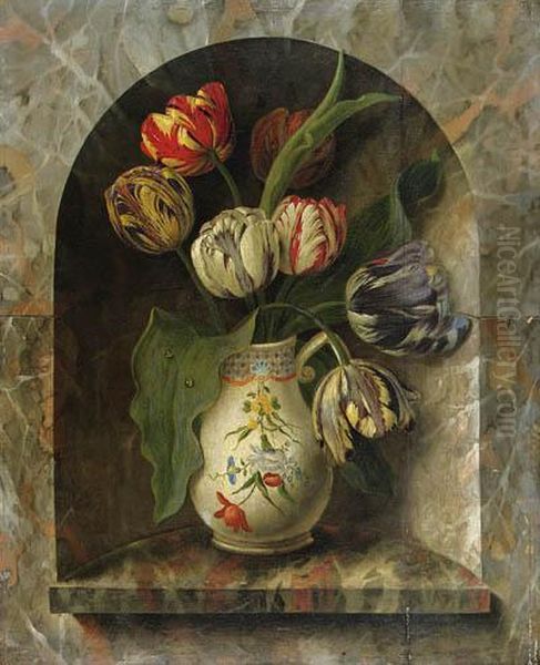 Parrot Tulips In A Jug On A Stone Ledge In An Alcove - view 1