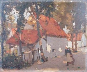 A Breton Woman On A Tree-lined Village Street A Breton Woman On A Tree-lined Village Street